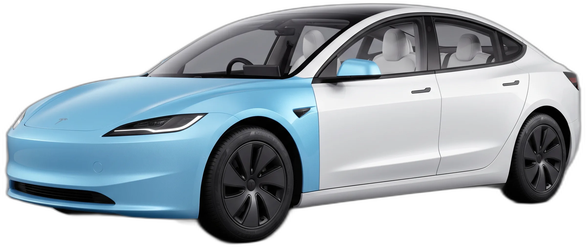 Tesla Model 3 shown with full front-end paint protection film coverage illustrated in blue